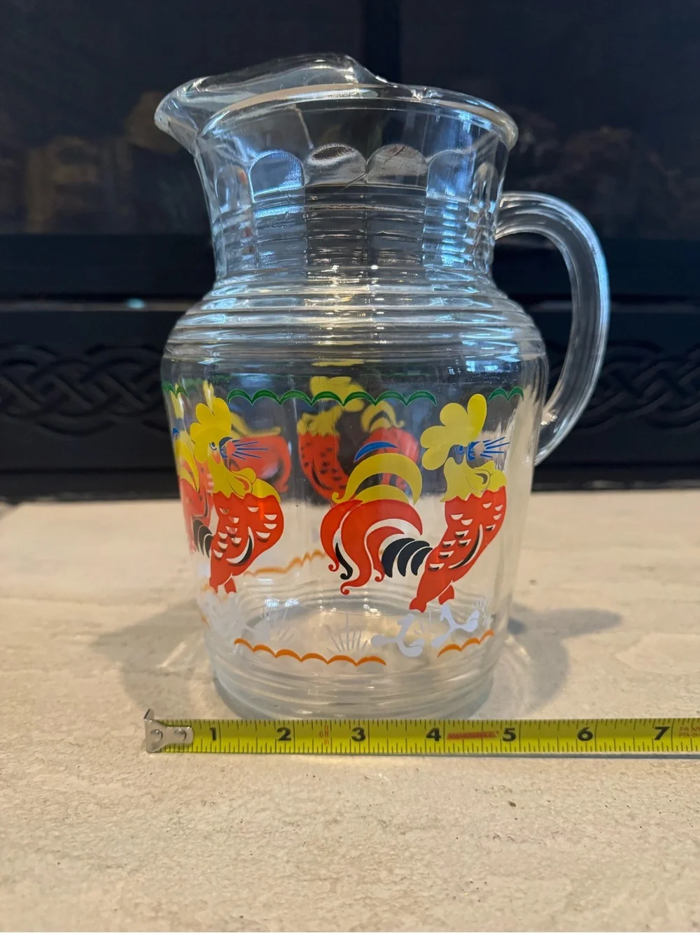 Vintage Clear Glass Pitcher with Bright Roosters - Great Design !